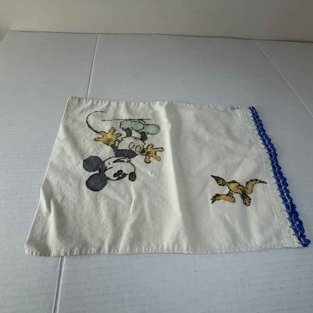 Vintage Cross Stitch Mickey Mouse &‎ Bird White Pillow Case Blue Crochet Small